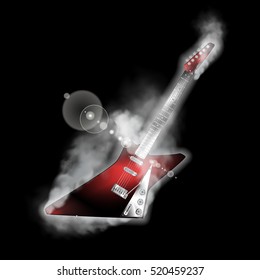 Electric rock guitar on black background with smoke and lightening. You can use any text or image on a black background.