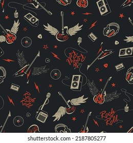 Electric Rock and Roll with Winged Guitars in gray, red colors on black background