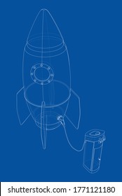 Electric Rocket Charging Station Sketch. Vector rendering of 3d. Wire-frame style. The layers of visible and invisible lines are separated