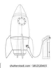 Electric Rocket Charging Station Sketch. Vector rendering of 3d. Wire-frame style. The layers of visible and invisible lines are separated