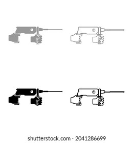 Recorte giratorio eléctrico de martillo en la herramienta de retención manual usar Arco usando conjunto de herramientas de potencia Icono color gris ilustración vectorial estilo plano