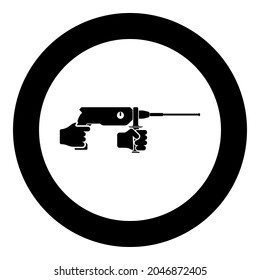 Electric rotary hammer drill in hand holding tool use Arm using Power tool icon in circle round black color vector illustration solid outline style image