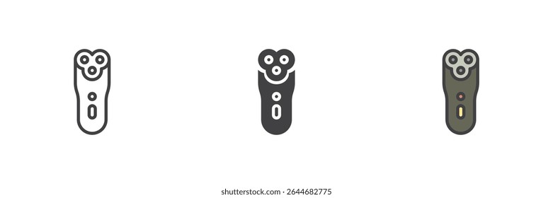 Electric rotary shaver icon featuring three-head design in outline, solid, and colorful filled outline style. Vector grooming icon symbol for men's shaving tools.