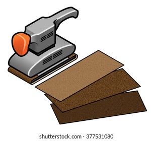 An electric sander loaded with a selection of sand paper of different grades.
