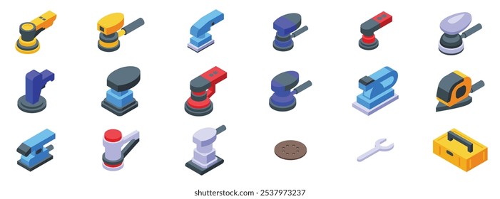 Electric sanding machine icons set. Set of isometric orbital sander icons representing various power tools used for sanding, polishing, and finishing surfaces in woodworking, automotive