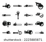 Electric saw icons set simple vector. Chainsaw equipment. Builder device