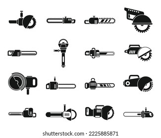 Electric saw icons set simple vector. Chainsaw equipment. Builder device