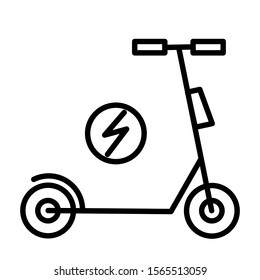 Electric scooter along with lightning charging icon black on a white background. Vector illustration of a kick scooter. Eco city cheap transportation.