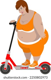 An electric scooter is available to everyone. A fat woman rides an electric scooter and smiles. She is happy. Cartoon