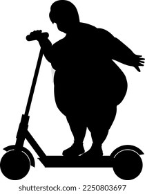 An electric scooter is available to everyone. A fat woman rides an electric scooter and smiles. She is happy. Cartoon Silhouette..