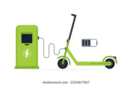 Scooter eléctrico con indicador de batería conectado a una estación de carga. Concepto de soluciones de transporte respetuosas con el medio ambiente. Puede ser utilizado para los App de scooter compartido. Ilustración vectorial