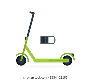 Vespa eléctrica con el indicador de la batería que muestra el nivel de Recargo. Concepto de soluciones de transporte ecológico. Puede ser utilizado para los App de scooter compartido. Ilustración vectorial