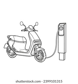 Electric Scooter Bike and Charging Station Hand drawn vector illustration line art Isolated on white background 