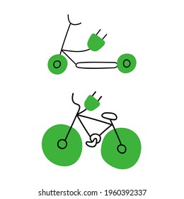Electric scooter and electric bike. Hand drawn icons. Illustrations on white background.