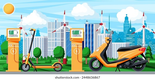 Electric Scooter and Charging Station and Cityscape. Orange Modern Scooter Recharges Batteries. Charge Station with Screen. Eco City Transport Concept. Cartoon Flat Vector Illustration.