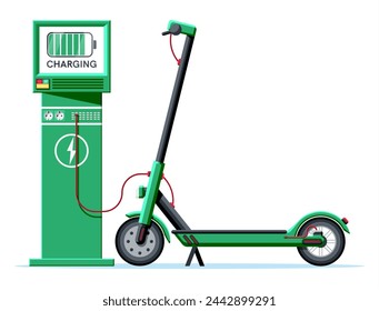 Electric Scooter and Charging Station Isolated. Green Modern Scooter Recharges Batteries. Charge Station with Screen. Eco City Transport Concept. Cartoon Flat Vector Illustration.