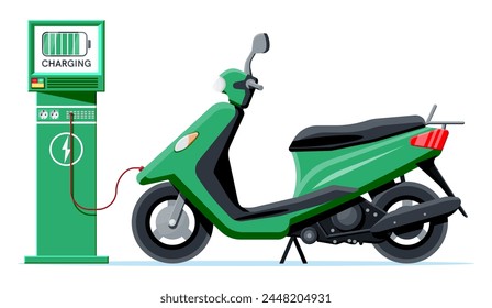 Electric Scooter and Charging Station Isolated. Green Modern Scooter Recharges Batteries. Motorbike and Charge Station with Screen. Eco City Transport Concept. Cartoon Flat Vector Illustration.