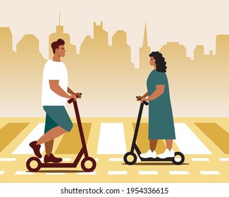 Electric scooter in the city. Flat vector stock illustration. Eco-friendly modern transport. E-scooter for a man and a woman. Moving around the city. Vector graphics