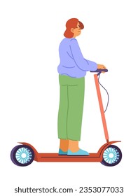 Electric scooter for city or town riding, isolated woman on segway. Female personage using ecologically friendly means of transportation. Alternative to cars and petrol vehicles. Vector in flat style
