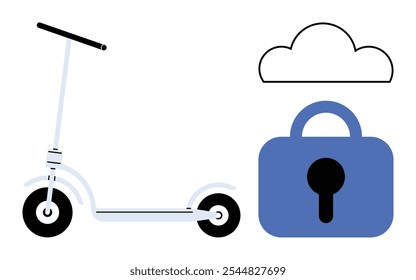 Vespa eléctrica, icono de la nube, y símbolo Grande del candado. Ideal para la movilidad urbana, la tecnología, la seguridad, el almacenamiento en la nube y los desplazamientos modernos. Sencillo, limpio, estilo Vector. Temas potenciales de