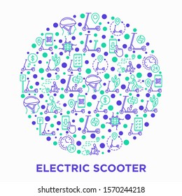 Electric scooter concept in circle thin line icons: sharing service, mobile app, QR code, parking, helmet, eco transport, pointer. Modern vector illustration.