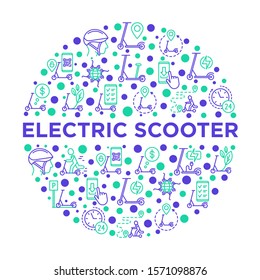 Electric scooter concept in circle thin line icons: sharing service, mobile app, QR code, parking, helmet, eco transport, pointer. Modern vector illustration.
