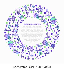 Electric scooter concept in circle thin line icons: sharing service, mobile app, QR code, parking, helmet, eco transport, pointer. Modern vector illustration with copy space.