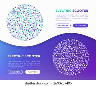 Electric scooter concept in circle thin line icons: sharing service, mobile app, QR code, parking, helmet, eco transport, pointer. Modern vector illustration.