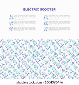 Electric scooter concept with thin line icons: sharing service, mobile app, QR code, parking, helmet, eco transport, pointer. Modern vector illustration, template with copy space.