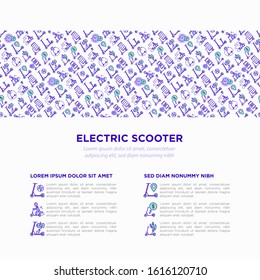 Electric scooter concept with thin line icons: sharing service, mobile app, QR code, parking, helmet, eco transport, pointer. Modern vector illustration, template with copy space.