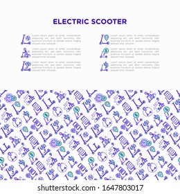 Electric scooter concept with thin line icons: sharing service, mobile app, QR code, parking, helmet, eco transport, pointer. Modern vector illustration, template with copy space.