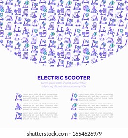 Electric scooter concept with thin line icons: sharing service, mobile app, QR code, parking, helmet, eco transport, pointer. Modern vector illustration, template with copy space.