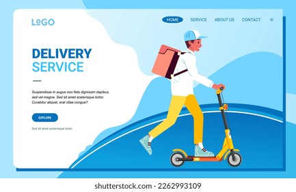 Electric scooter courier with parcel boxes on the back delivering food delivery concept. Landing page design Vector illustration for website