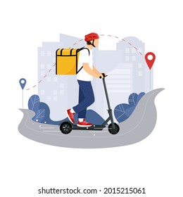 Electric scooter with delivery man flat vector cartoon character. Fast courier. Restaurant food, mail delivery, food. Webpage, Application Design. City landscape background.