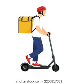 Electric scooter with delivery man flat vector cartoon character. Fast courier. Restaurant food, mail delivery, food. Webpage, Application Design. Isolated on transparent background