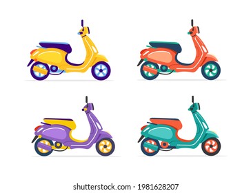 Electric scooter of different colors isolated on white background. Yellow, red, green, purple. Set. Vector flat illustration