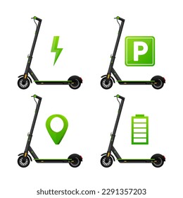 Electric Scooter. Different icons for map markers or scooter status app. Sustainable transport. Modern lifestyle. Eco transport for city lifestyle. Vector illustration.