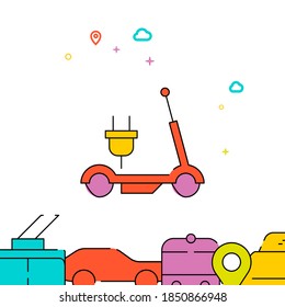 Electric scooter filled line vector icon, simple illustration, city public transportation related bottom border.