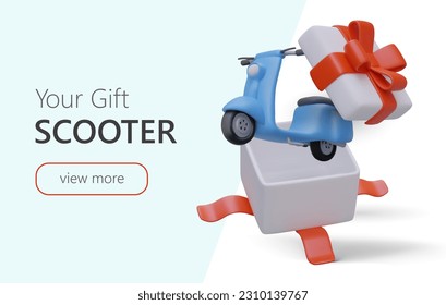 Electric scooter as gift. Promotion with expensive present. Banner with 3D open gift box, motor scooter. Time to get surprise. Template for PPC advertising with button