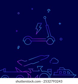 Electric scooter gradient line vector icon, simple illustration on a dark blue background, city transport related bottom border.