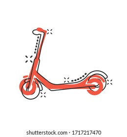 Electric scooter icon in comic style. Bike cartoon vector illustration on white isolated background. Transport splash effect business concept.