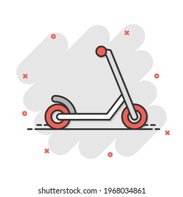 Electric scooter icon in comic style. Bike cartoon vector illustration on white isolated background. Transport splash effect business concept.