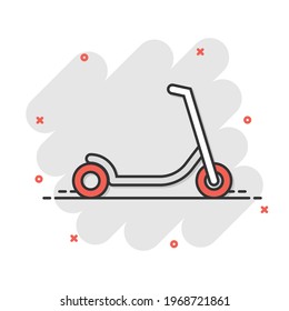 Electric scooter icon in comic style. Bike cartoon vector illustration on white isolated background. Transport splash effect business concept.