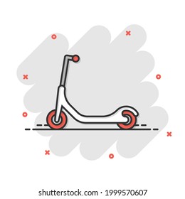 Electric scooter icon in comic style. Bike cartoon vector illustration on white isolated background. Transport splash effect business concept.