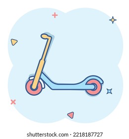 Electric scooter icon in comic style. Bike cartoon vector illustration on white isolated background. Transport splash effect business concept.