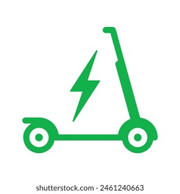 Electric scooter. Icon of electro bike illustration. Logo for rental. Electric scooter isolated on white background. Eco transport with charge sign. Green e-scooter for mobility of ride. Vector EPS10