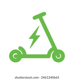 Electric scooter. Icon of electro bike illustration. Logo for rental. Electric scooter isolated on white background. Eco transport with charge sign. Green e-scooter for mobility of ride. Vector EPS10