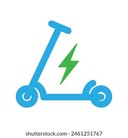 Electric scooter. Icon of electro bike illustration. Logo for rental. Electric scooter isolated on white background. Eco transport with charge sign. Blue e-scooter for mobility of ride. Vector EPS 10