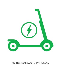 Electric scooter. Icon of electro bike illustration. Logo for rental. Electric scooter isolated on white background. Eco transport with charge sign. Green e-scooter for mobility of ride. Vector EPS10