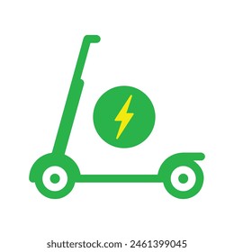 Electric scooter. Icon of electro bike illustration. Logo for rental. Electric scooter isolated on white background. Eco transport with charge sign. Green e-scooter for mobility of ride. Vector EPS10